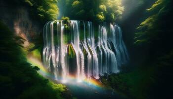 AI generated Rainbow hues shining through the mist of a hidden waterfall in a dense forest. Generative AI photo