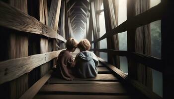 AI generated Two children spend time happily on an old wooden bridge. Generative AI photo