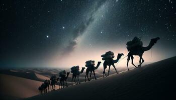 AI generated A camel caravan silhouetted against a starry desert sky. Generative AI photo