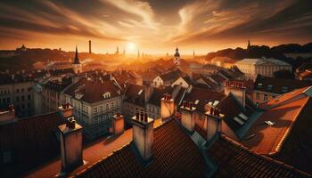 AI generated Silhouettes of roofs, chimneys and antennas of a European city at sunset against a golden sky. Generative AI photo