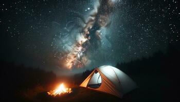 AI generated A tent set up with the glow of a campfire under the endless Milky Way. Generative AI photo