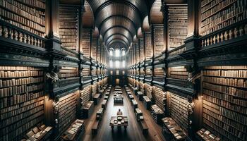 AI generated A lonely reader in the middle of a large collection, each floor filled with old volumes, manuscripts and parchments. Generative AI photo