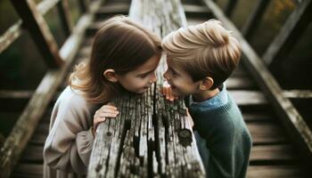 ai generado dos niños gastar hora felizmente en un antiguo de madera puente. generativo ai foto