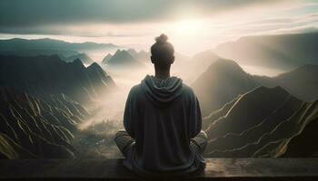 AI generated A person meditating in front of expansive mountain views. Generative AI photo