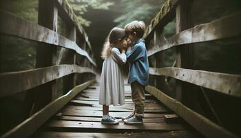 AI generated Two children spend time happily on an old wooden bridge. Generative AI photo