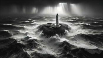 AI generated A lonely lighthouse on an island, standing against stormy seas. Generative AI photo