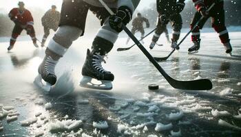 ai generado fotografía exhibiendo hockey jugadores en el medio de un acelerado juego en un natural hielo estanque. generativo ai foto