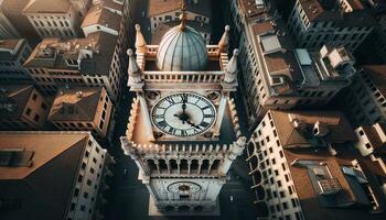 AI generated Bird's eye view of the historical clock tower. Generative AI photo