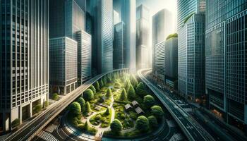 ai generado el imagen capturas el contraste de rascacielos en el ciudad con verde parque parches y enfatiza el equilibrar Entre urbano desarrollo y naturaleza. generativo ai foto