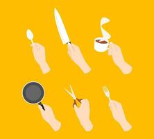 set of several hand poses holding various tableware and kitchen utensils. isolated on yellow background. flat style vector illustration.