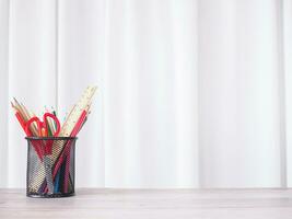 Creative desk with colorful stationery. Copy space for text, Office workspace concept. photo