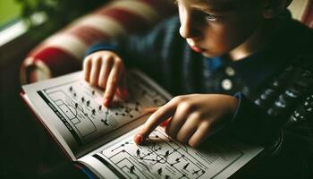 ai generado un joven chico absorto en leyendo un libro. generativo ai foto