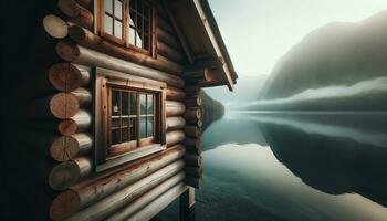 AI generated Rustic wooden cabin located on the edge of a tranquil lake. Generative AI photo