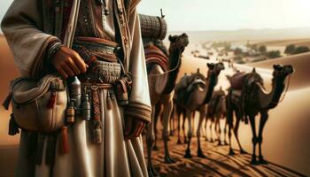 ai generado un Desierto nómada estrella de guía un caravana de camellos a través de el interminable arena dunas de el desierto. generativo ai foto