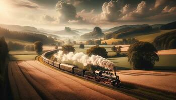 AI generated A vintage steam train moving through the countryside. Generative AI photo