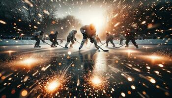 ai generado fotografía exhibiendo hockey jugadores en el medio de un acelerado juego en un natural hielo estanque. generativo ai foto