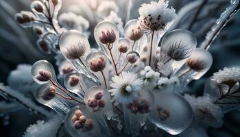 ai generado el belleza de delicado flores y plantas cubierto en un claro capa de hielo. generativo ai foto