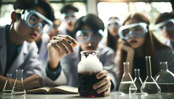 ai generado estudiantes quien son inmerso en el mundo de química Mira cuidadosamente a el mezcla en un cubilete. generativo ai foto