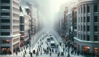 AI generated The cityscape changes in winter when buildings are covered with a white blanket. Generative AI photo