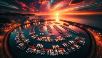 AI generated A picturesque coastal setting with boats moored in the harbor on a sunset background. Generative AI photo
