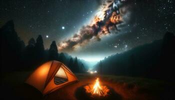 AI generated A tent set up with the glow of a campfire under the endless Milky Way. Generative AI photo