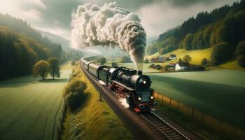 AI generated A vintage steam train moving through the countryside. Generative AI photo