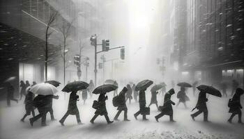 AI generated It is difficult for people to take steps when it is snowing and strong winds are blowing. Generative AI photo