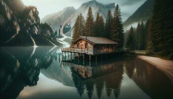 ai generado rústico de madera cabina situado en el borde de un tranquilo lago. generativo ai foto