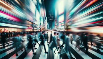 AI generated A cityscape where the streets are alive with rushing pedestrians, creating a feeling of motion blur. Generative AI photo