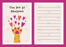 Cat paw with bright hearts, vector illustration. Kitten foot with pink pads, claws, striped fur - gives love. Romantic template for happy Valentines Day. Flat cartoon card with backside, copy space