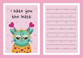 Grumpy cat in a headband with hearts. The sad green kitten hates you the least. Bright funny pet wishes happy Valentines day. Flat cartoon vector template with backside, for romantic cards, invitation