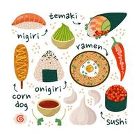 Asian food vector set. Tasty Japanese and Korean snacks - ramen, onigiri, nigiri, temaki, corn dog, sushi. Spicy seasonings - garlic, wasabi, soy sauce, hot pepper. Flat cartoon clipart for menu, web