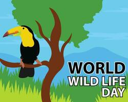 illustration vector graphic of bird standing on mountain tree branch, perfect for international day, world wild life day, celebrate, greeting card, etc.