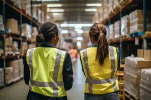 ai generado mujer en grande almacén tomando inventario con tableta, ai generativo foto