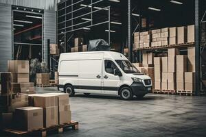 ai generado entrega camión a almacén para publicidad, entrega camioneta, fuera de de logística detallista depósito, ai generativo foto