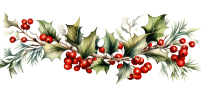 AI generated Christmas ornaments by painting branches with watercolors on a transparent background, including tree branches and holly sprigs adorned with red berries. AI Generation png