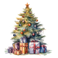 ai generado acuarela Navidad árbol con regalo cajas y juguetes acuarela Clásico verde clásico Navidad árbol. fiesta ilustración para diseño, imprimir, tela ai Generacion png