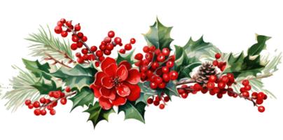 AI generated Christmas ornaments by painting branches with watercolors on a transparent background, including tree branches and holly sprigs adorned with red berries. AI Generation png