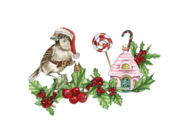 Noël composition avec oiseau moineau dans rouge Noël chapeau et manteau . png