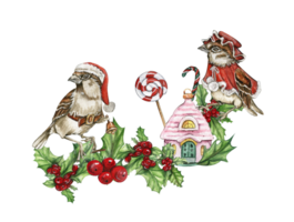 Noël composition avec oiseau moineau dans rouge Noël chapeau et manteau . png