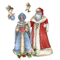 Watercolor composition of Santa Claus ,Snow maiden and sparrows. Greeting New Year's card, Santa Claus with long white beard. png