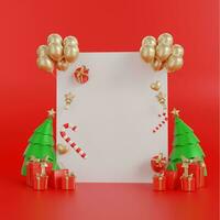 Christmas red background with realistic 3d decorative design elements. Festive Xmas composition flat top view of red gift boxes, glowing garland decorations, green tree branches. 3d illustration photo