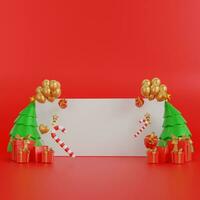 Christmas red background with realistic 3d decorative design elements. Festive Xmas composition flat top view of red gift boxes, glowing garland decorations, green tree branches. 3d illustration photo