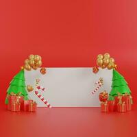 Christmas red background with realistic 3d decorative design elements. Festive Xmas composition flat top view of red gift boxes, glowing garland decorations, green tree branches. 3d illustration photo