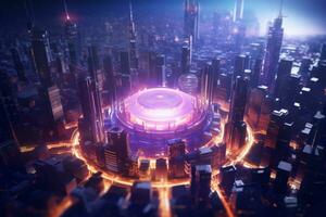 AI generated Futuristic Cyber City Background photo