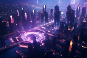 AI generated Futuristic Cyber City Background photo