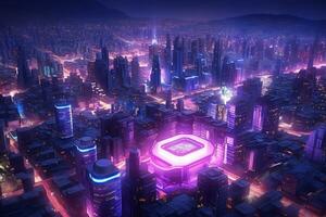 AI generated Futuristic Cyber City Background photo