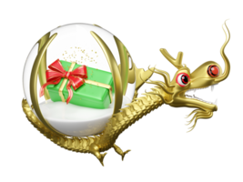 3d gold Chinese Dragon with decorative snow globe glass transparent, gift box. merry christmas and happy new year, 3d render illustration png