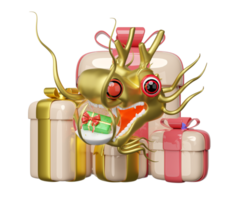 3d guld kinesisk drake med dekorativ snö klot glas transparent, gåva låda. glad jul och Lycklig ny år, 3d framställa illustration png