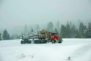 Logging truck on icy road photo